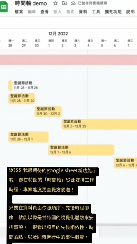 2022 我最期待的google sheet新功能示範 - 像甘特圖的「時間軸」從此安排工作時程、專案進度更直覺方便啦！ 只要在資料頁面依照順序、先後時程排序，就能以像是甘特圖的視覺化體驗來安排事項，一眼看出項目的先後相依性、時間落點、以及同時進行中的事件概覽。 #googlesheet #google試算表 #甘特圖 #時間軸 #googlesheets #專案管理 #工作效率 #googledrive