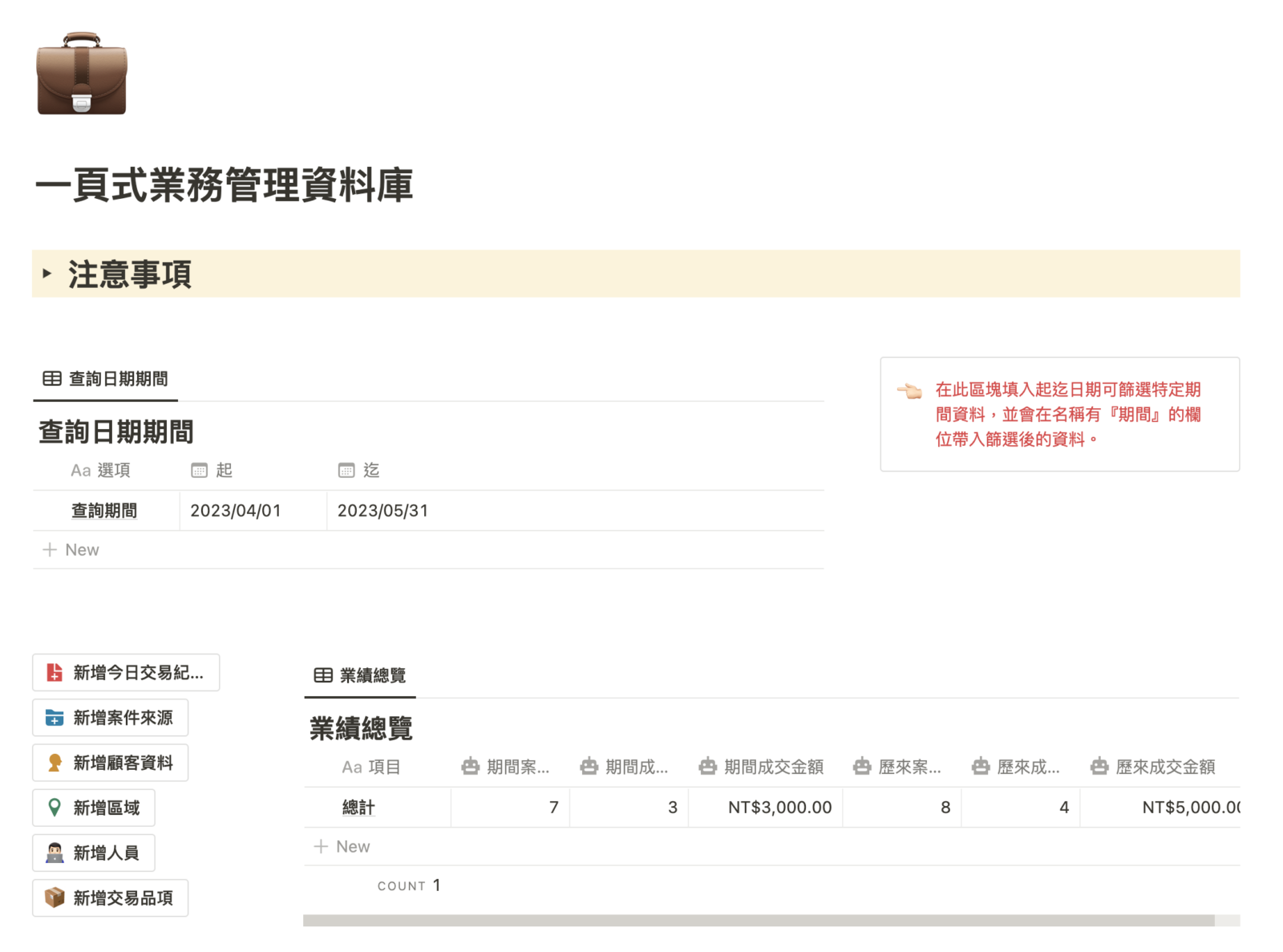 一頁式業務管理/銷售管理 Notion模板